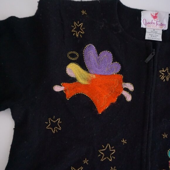 Vintage Quacker Factory Black Wool Cardigan Angel Applique Angelcore Boho M - Picture 6 of 11